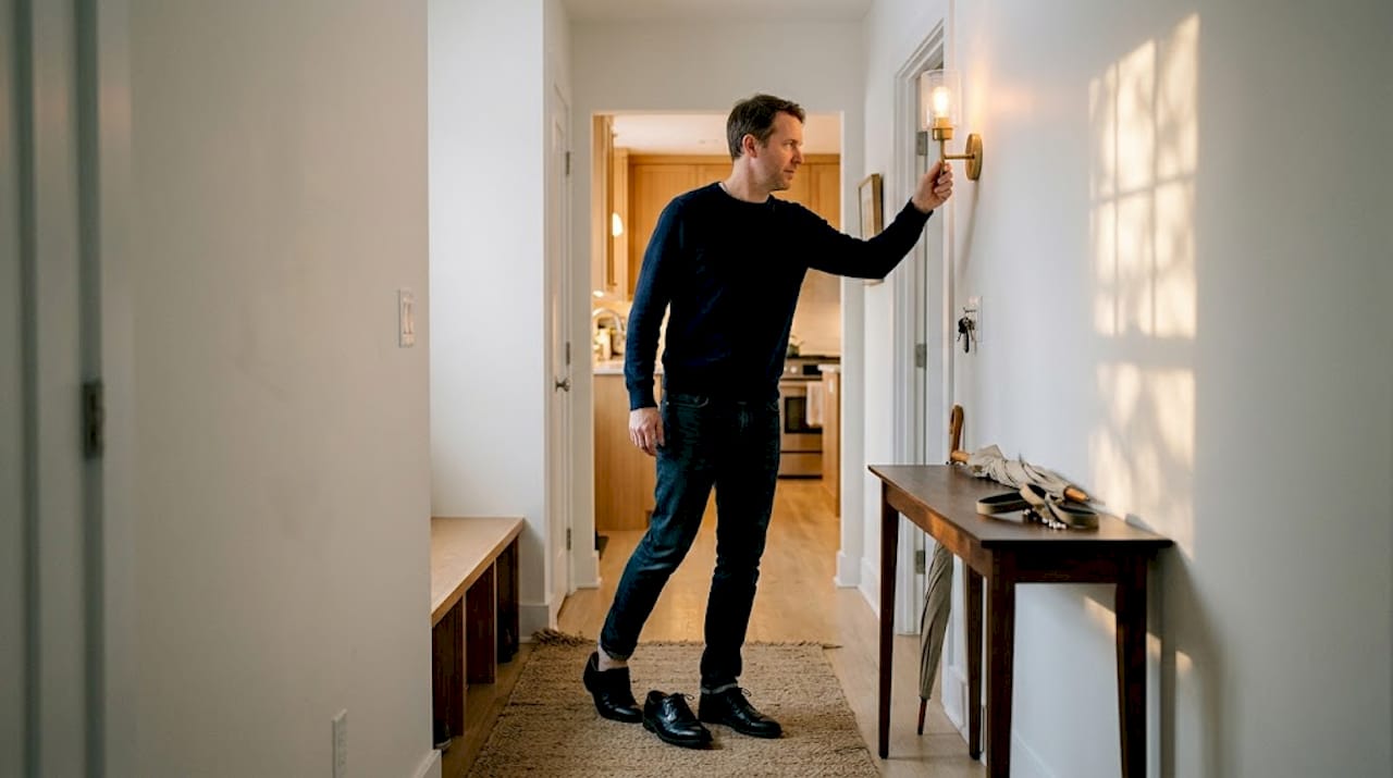 Man adjusting lighting in busy home entryway