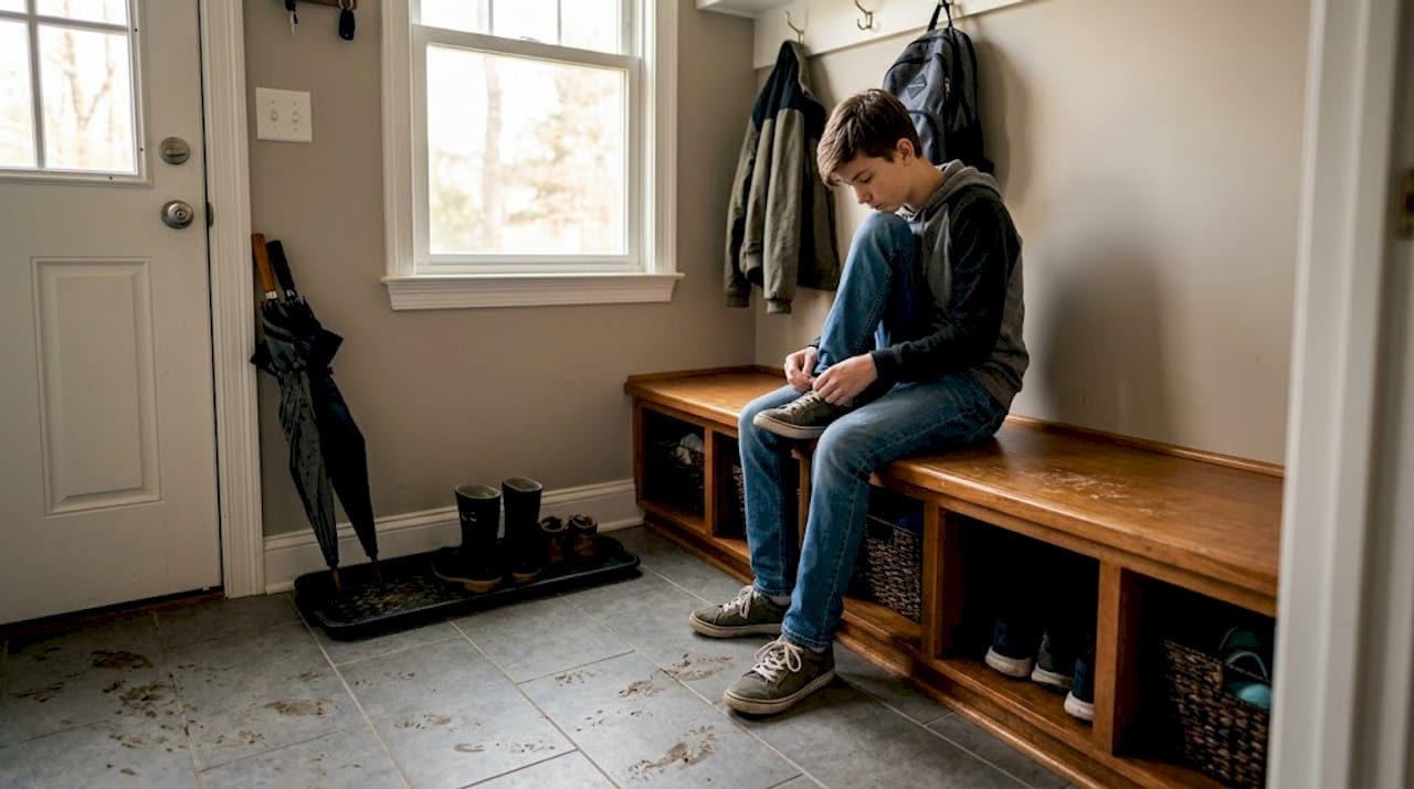 Teen tying shoes on mudroom storage bench