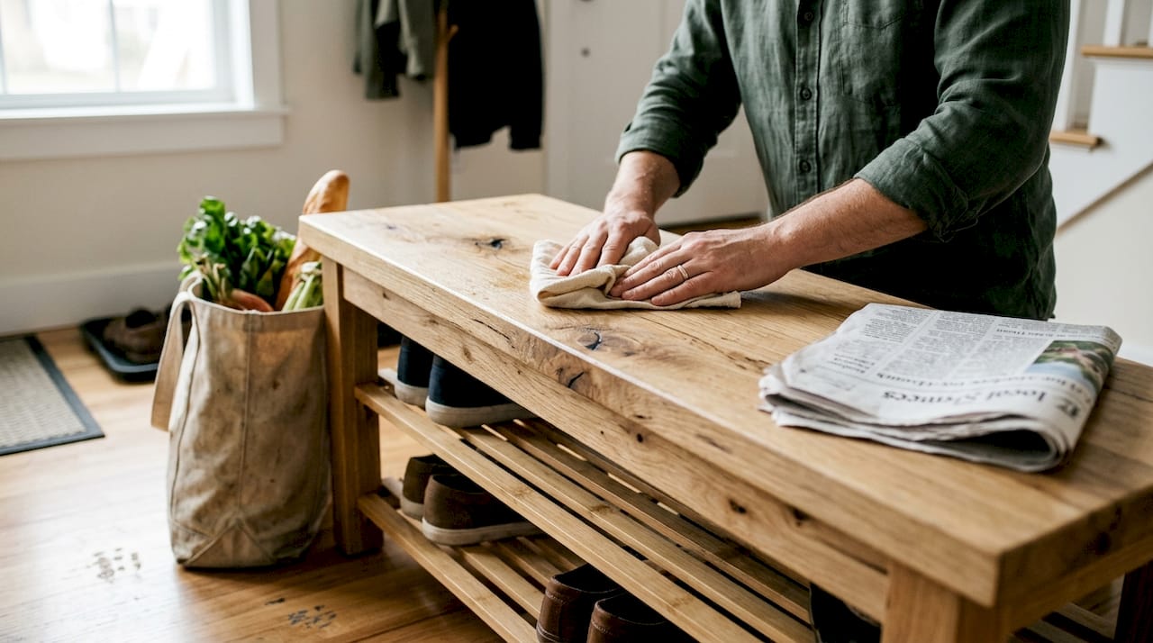 Hands cleaning reclaimed wood entryway bench