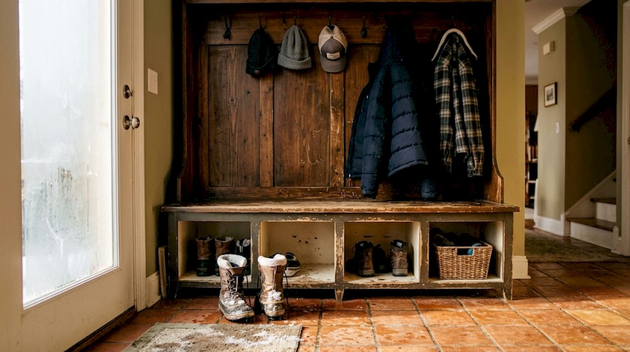 Handcrafted mud locker with wet boots and coats