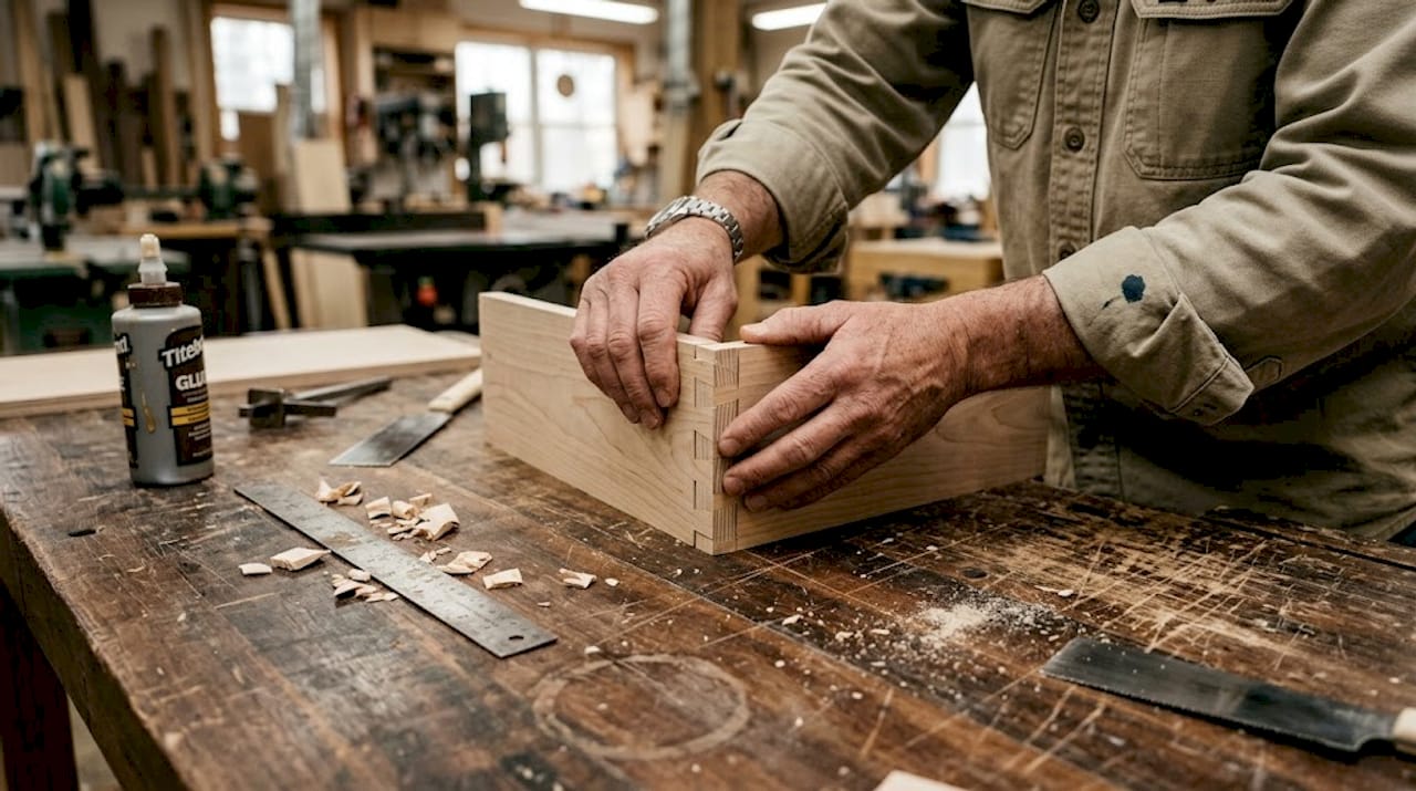Hands making dovetail joinery on plywood