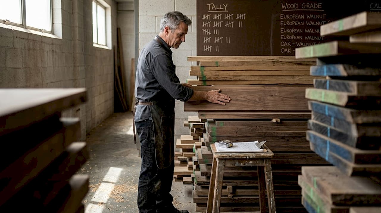 Craftsperson inspects hardwood board stacks