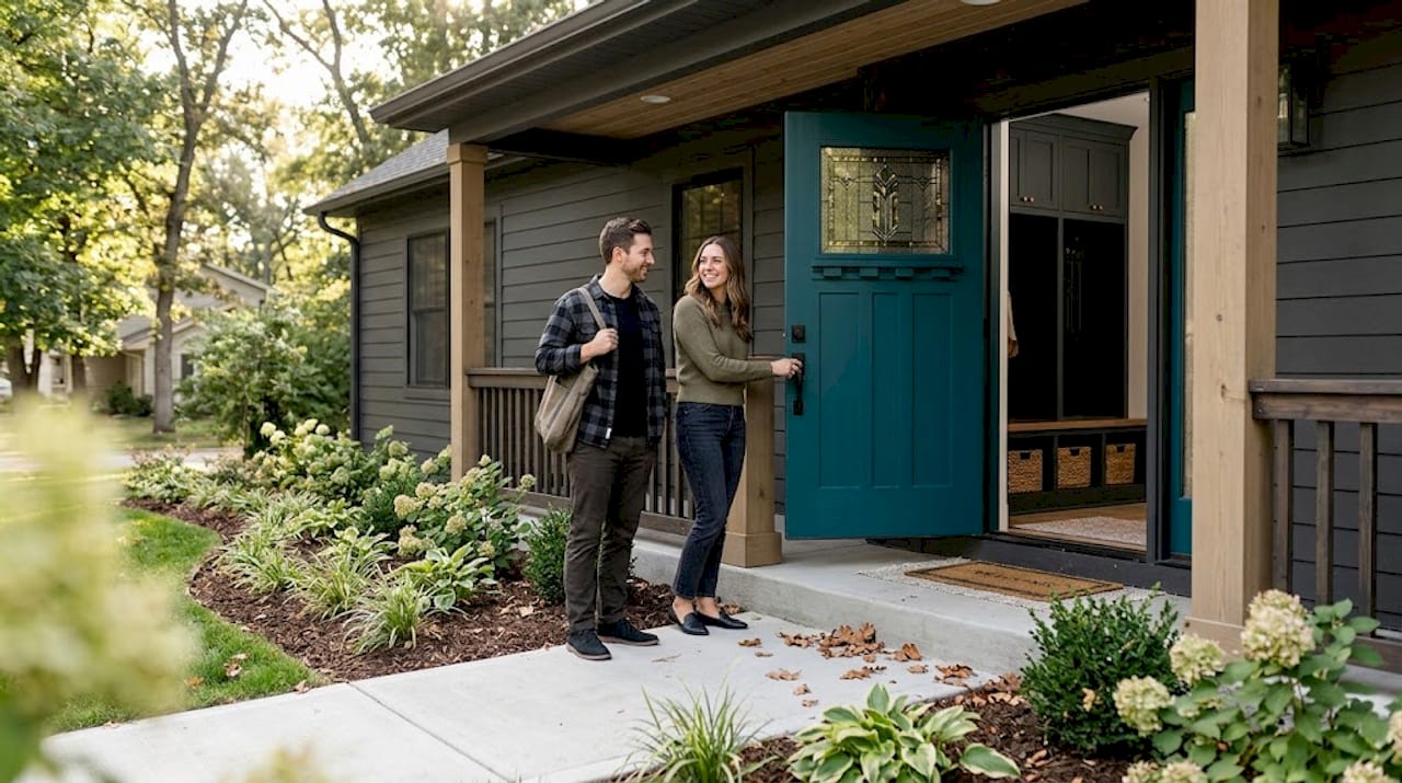 Couple approaches custom entryway benefiting curb appeal