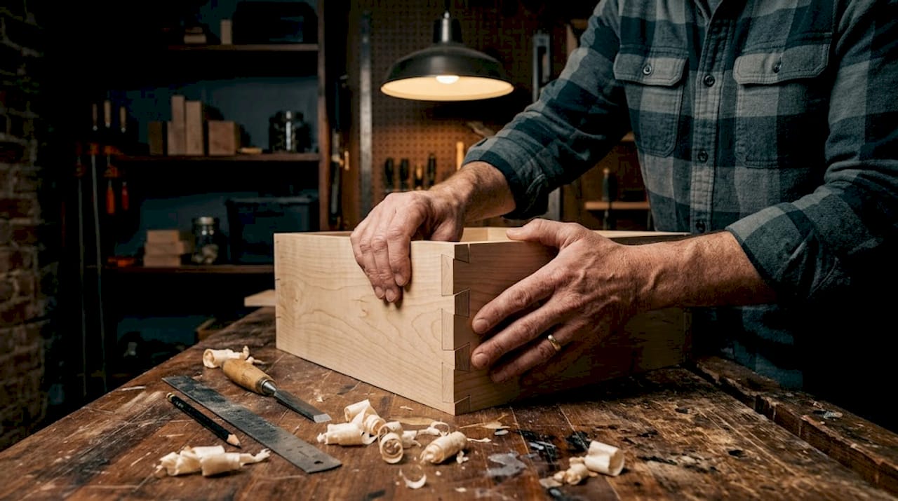 Close-up dovetail joint assembly in workshop