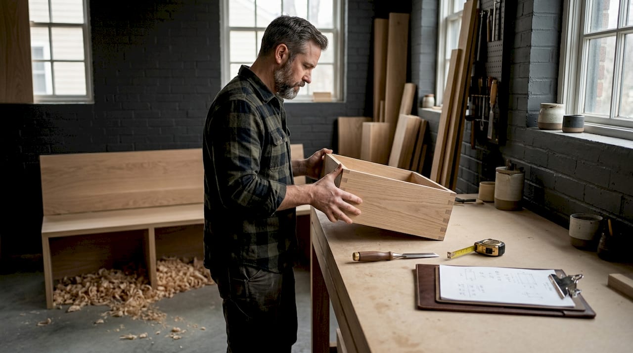 Craftsman checking dovetail joints on drawer