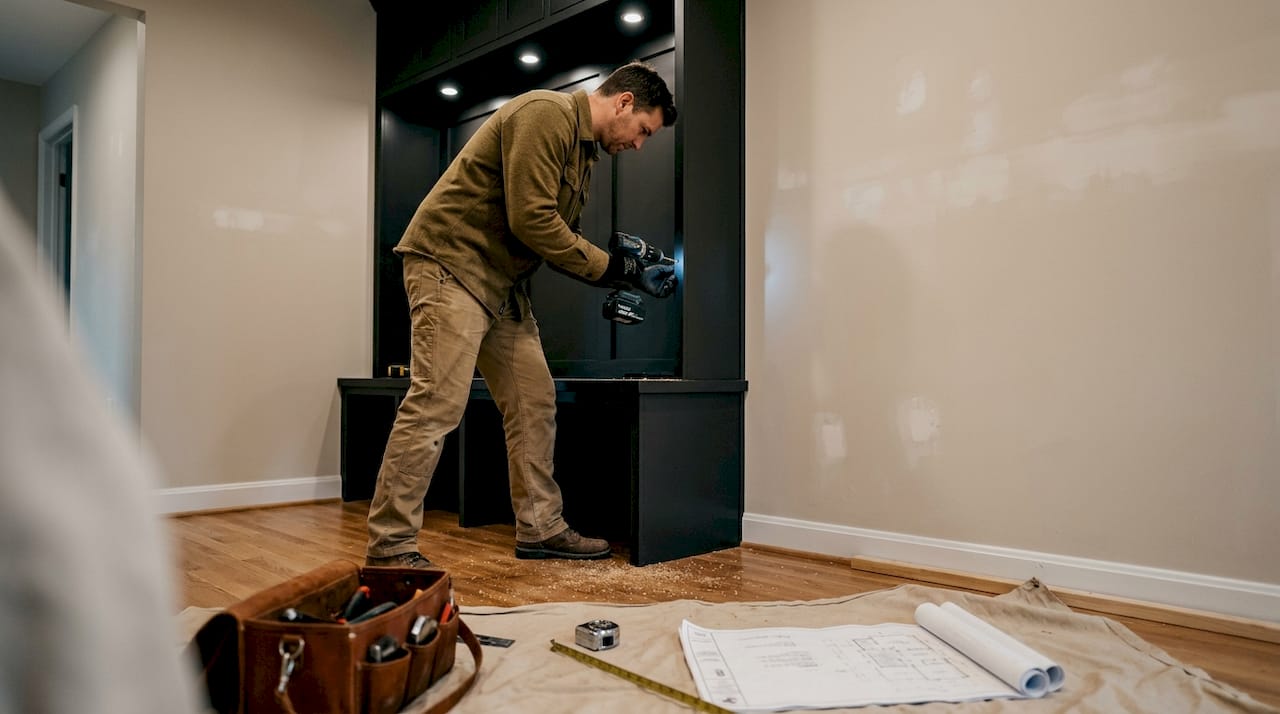 Carpenter installing built-in entryway unit