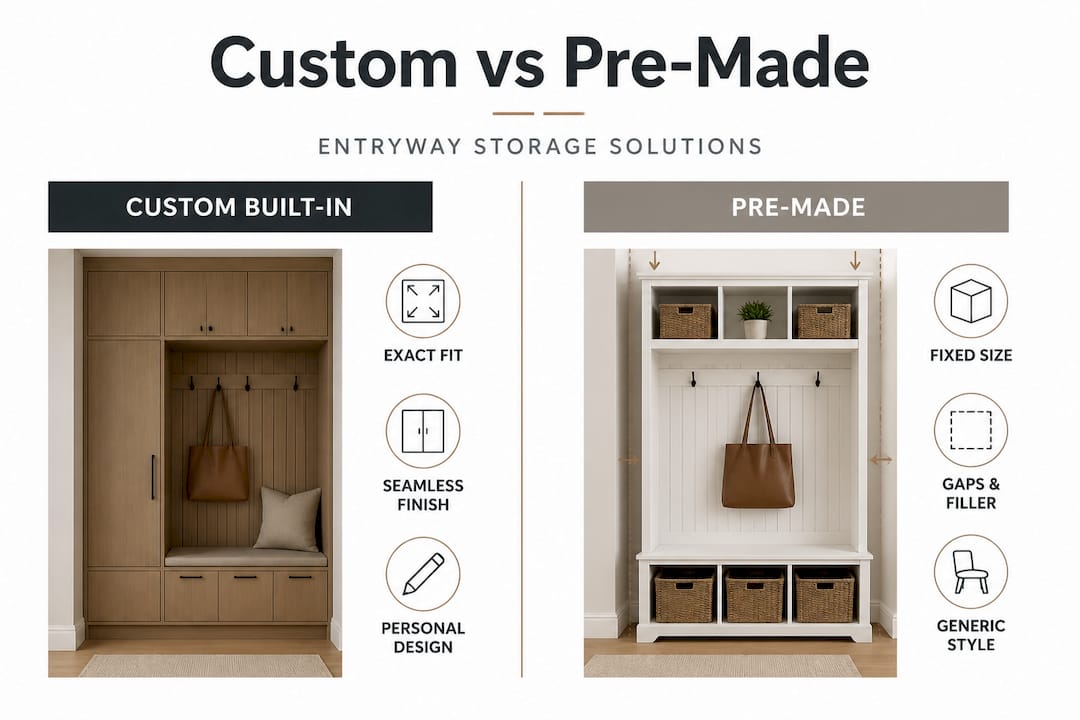 Infographic comparing custom built-in and pre-made storage