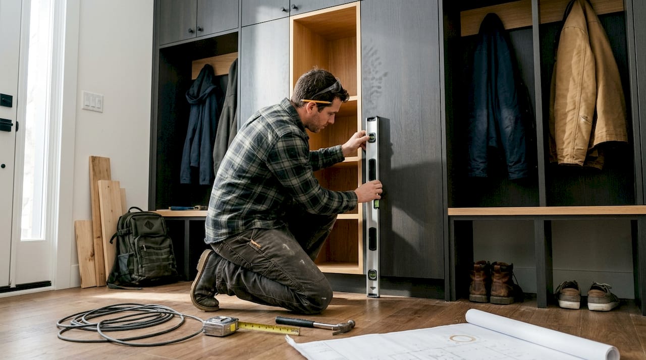 Carpenter installing mud lockers in foyer