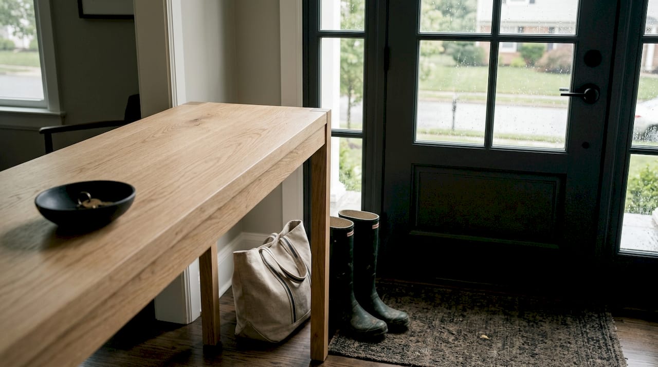 White oak entryway table with boots and tote