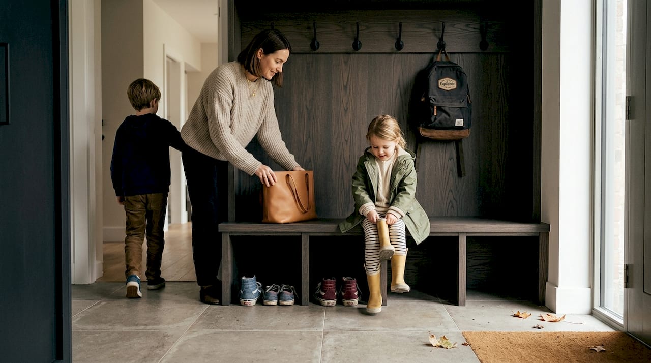 Family using custom entryway storage bench