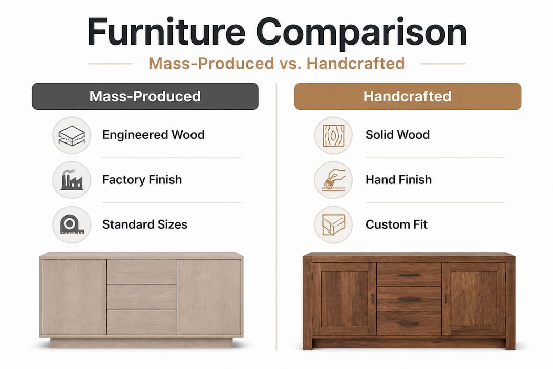 Infographic comparing mass-produced and handcrafted furniture