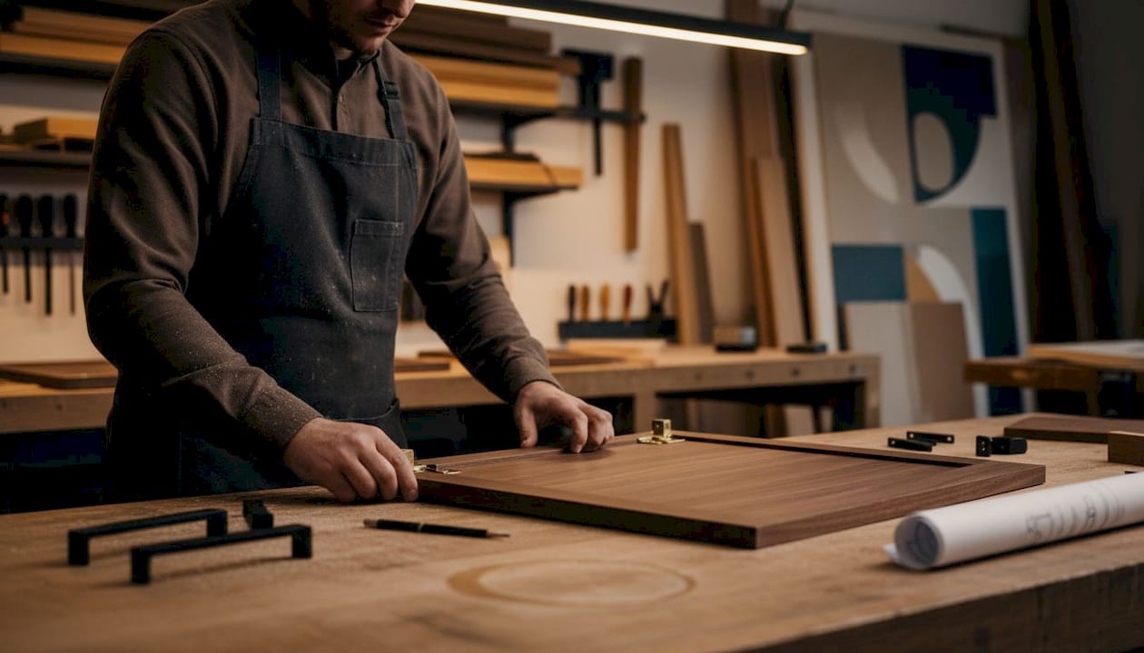 Cabinetmaker installing soft-close cabinet hardware
