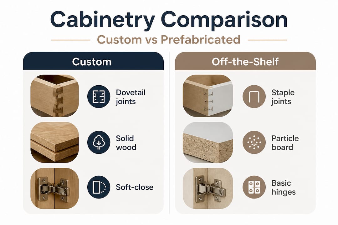 Comparison infographic: custom vs prefabricated cabinetry