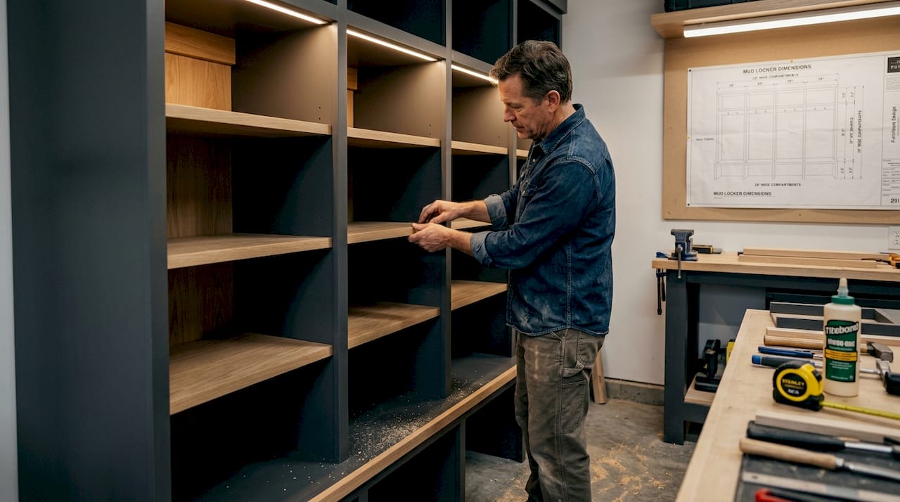 Carpenter customizing mud locker storage unit