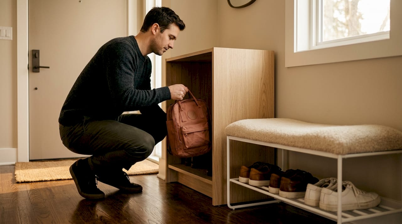 Father storing backpack in Scandinavian entryway cabinet