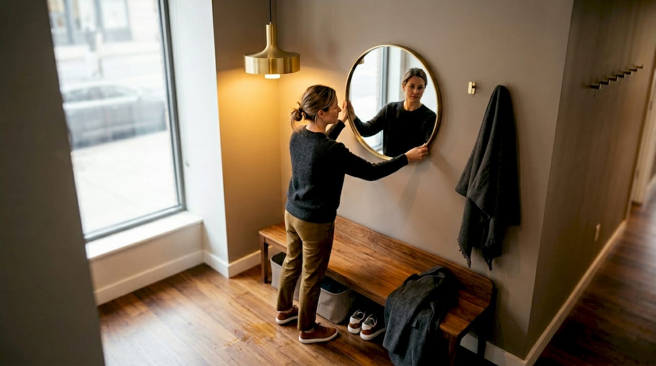 Woman adjusts mirror in layered entryway design