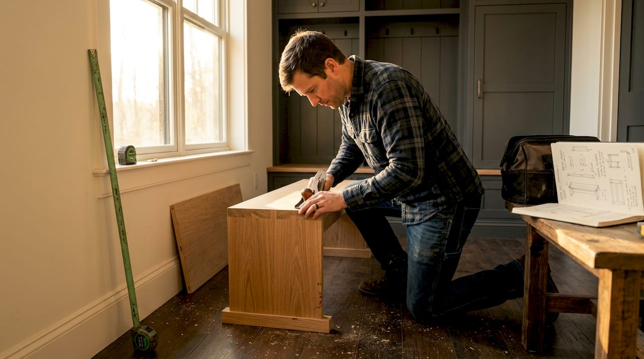 Carpenter assembling entryway bench from oak