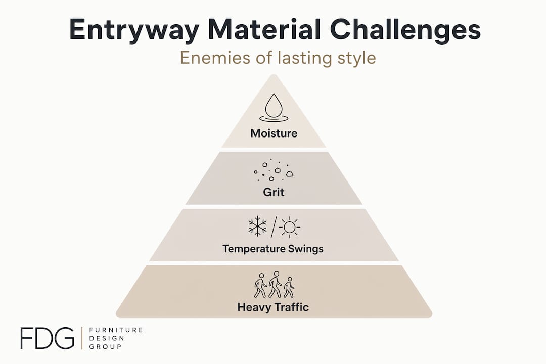 Hierarchical infographic showing entryway material challenges