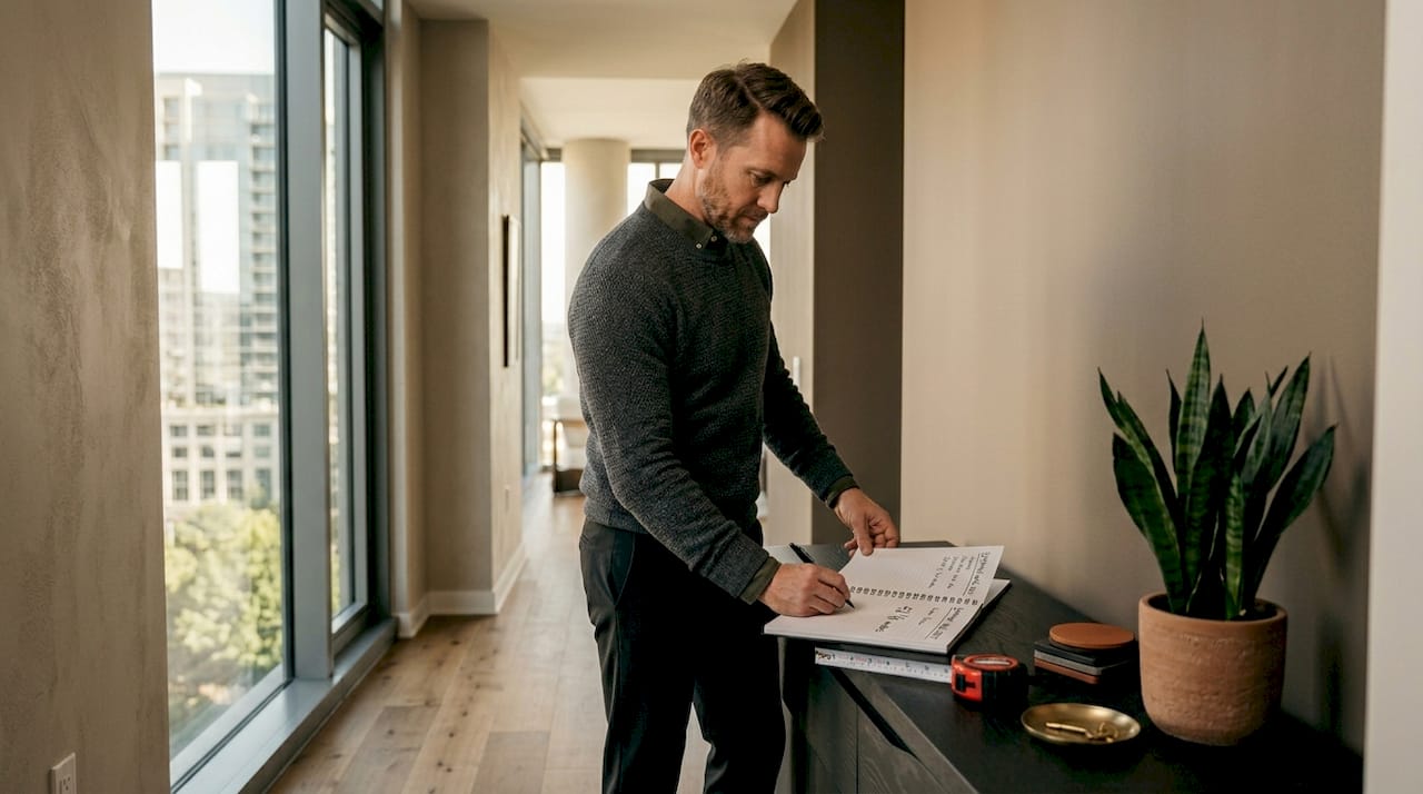 Man measuring entryway wall for furniture