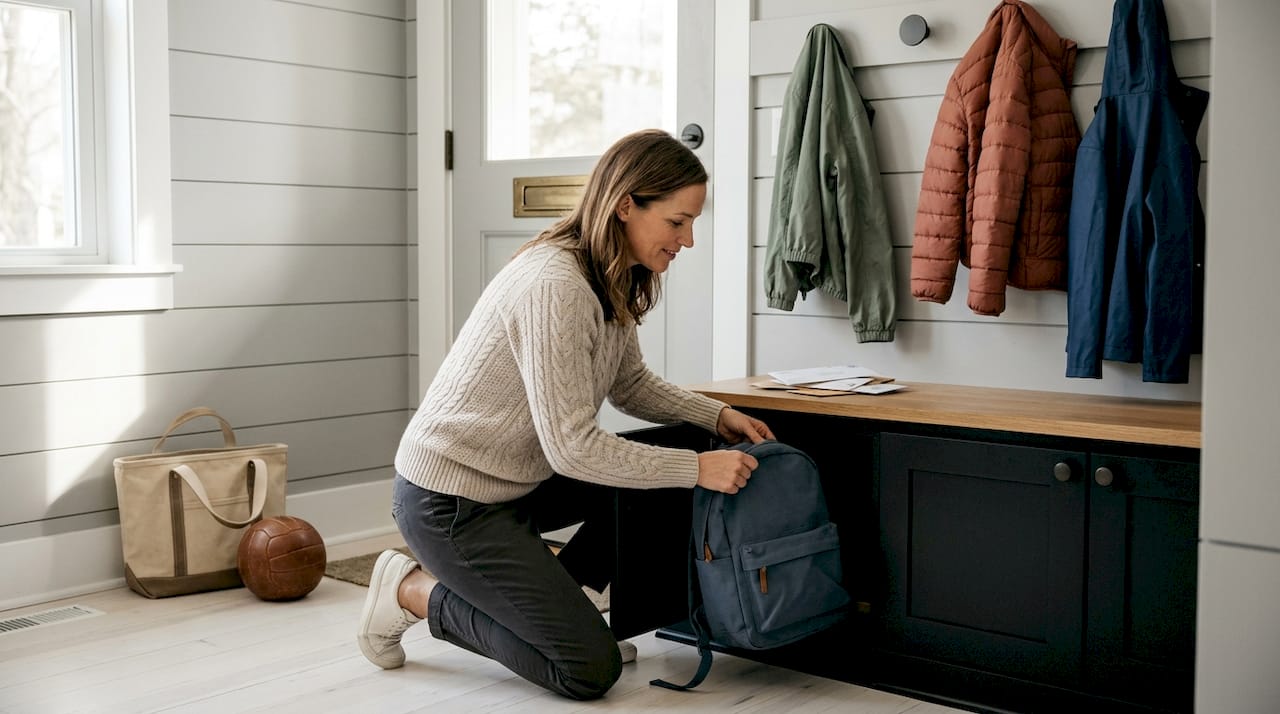 Organized entryway with custom bench and storage