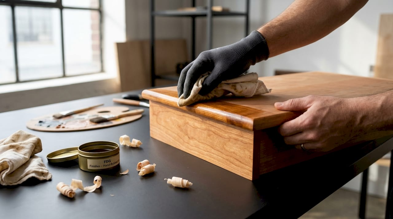 Hand finishing cherry wood furniture drawer