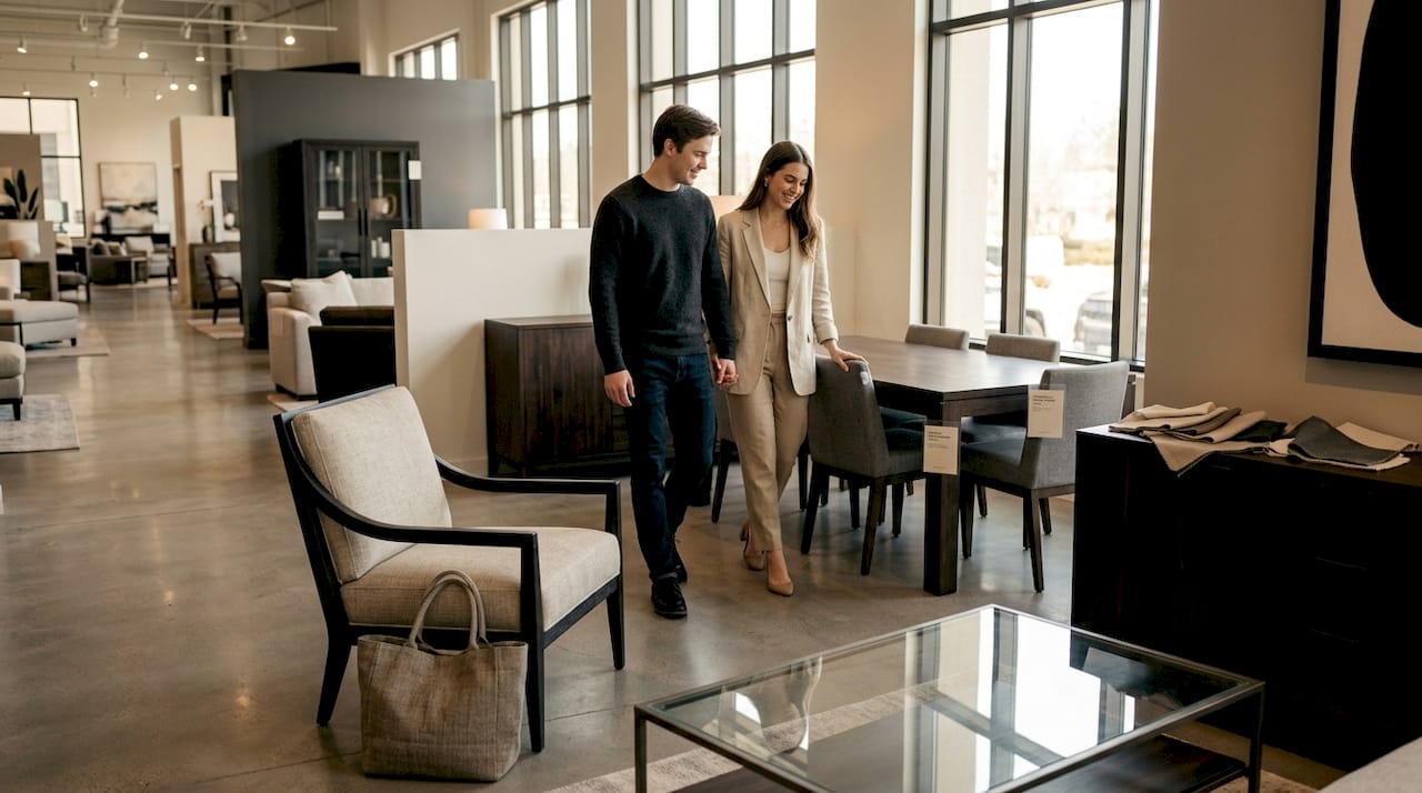 Couple exploring public furniture showroom displays