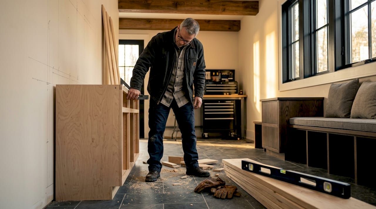 DIYer dry-fitting cabinet carcass in mudroom