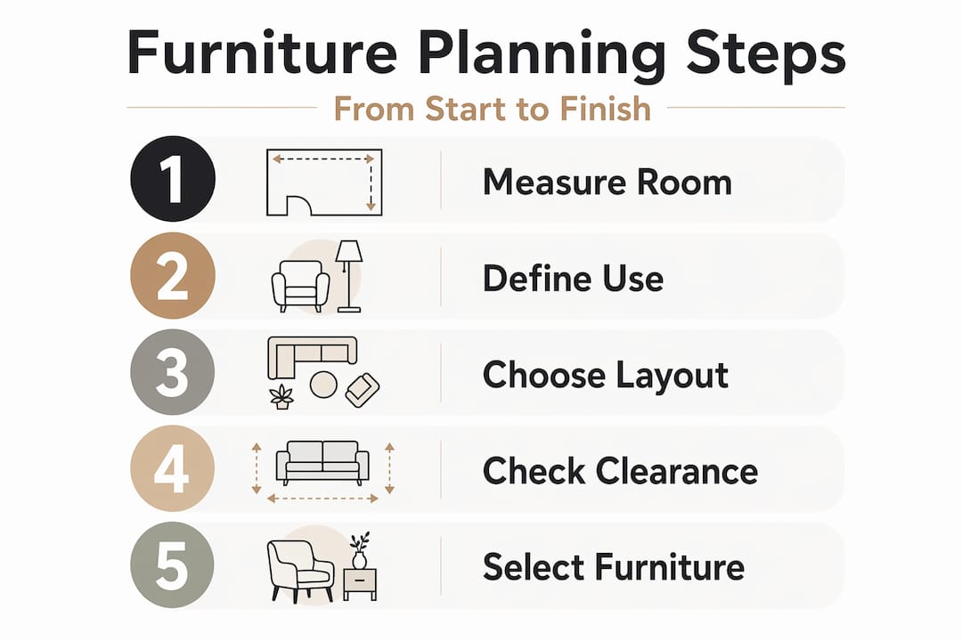 Vertical infographic showing five furniture planning steps