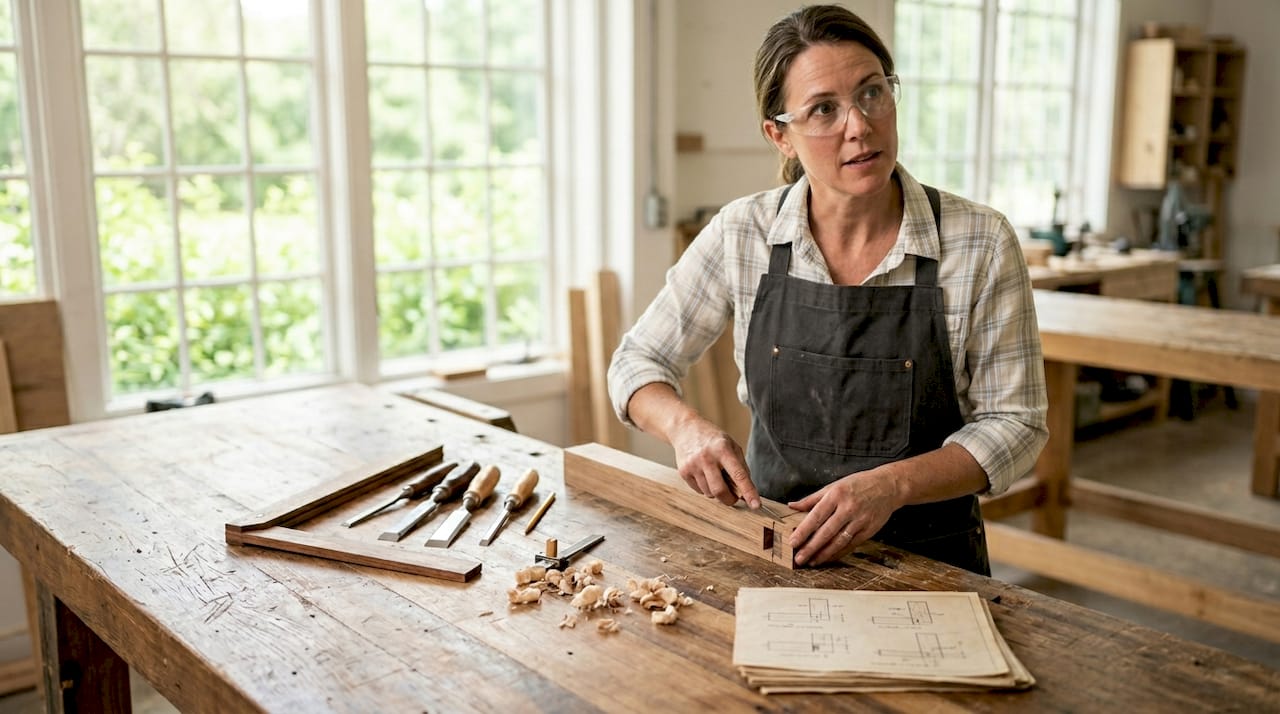 Furniture maker demonstrating joinery technique