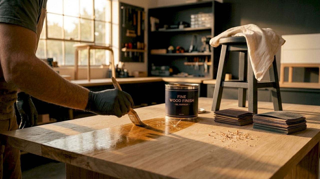 Hand applies oil to wooden coffee table