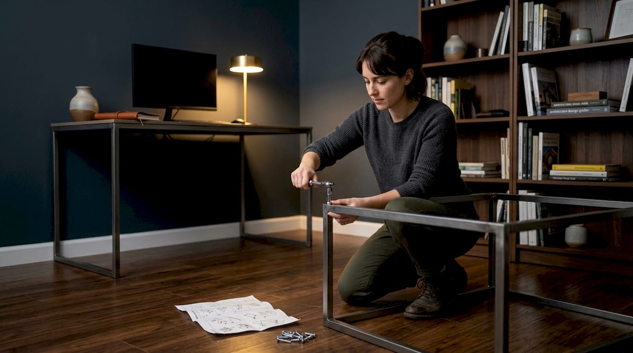 Woman assembling steel frame table in living room
