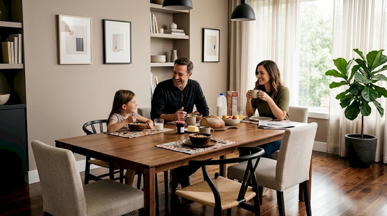 Dining room with dark wood table and mixed seating