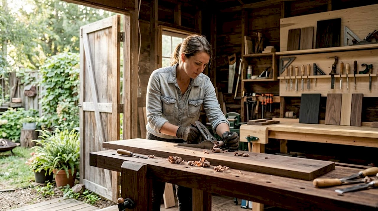 Woodworker hand planing oak board in garage