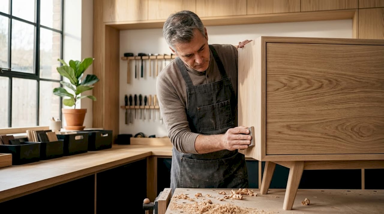 Artisan sanding oak sideboard in workshop