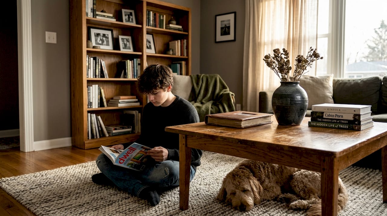 Handmade furniture in lived-in family room