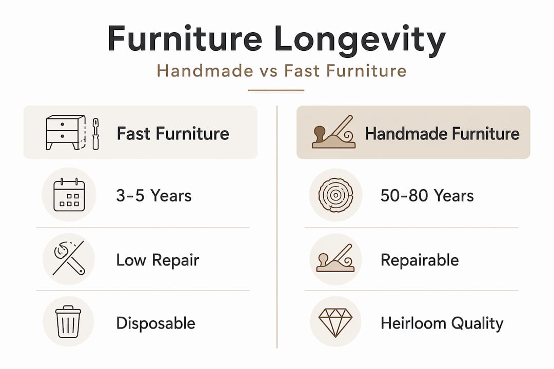 Infographic comparing fast and handmade furniture lifespan