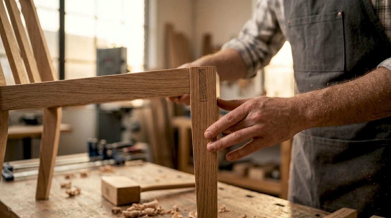 Craftsman inspecting hardwood furniture joinery
