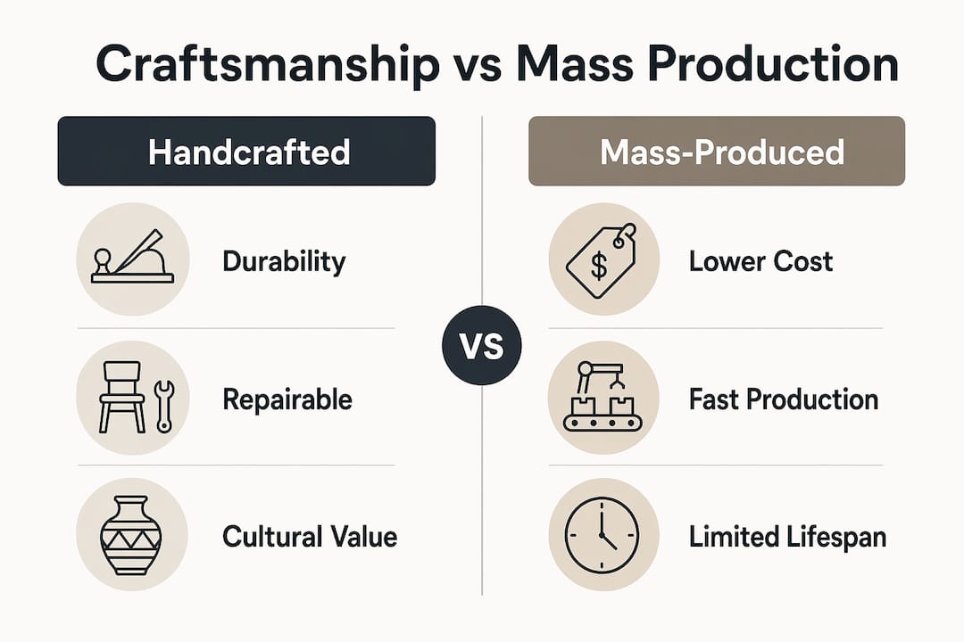 Infographic comparing handcrafted and mass-produced furniture