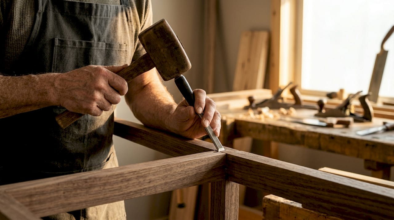 Close-up of woodworker assembling furniture joint