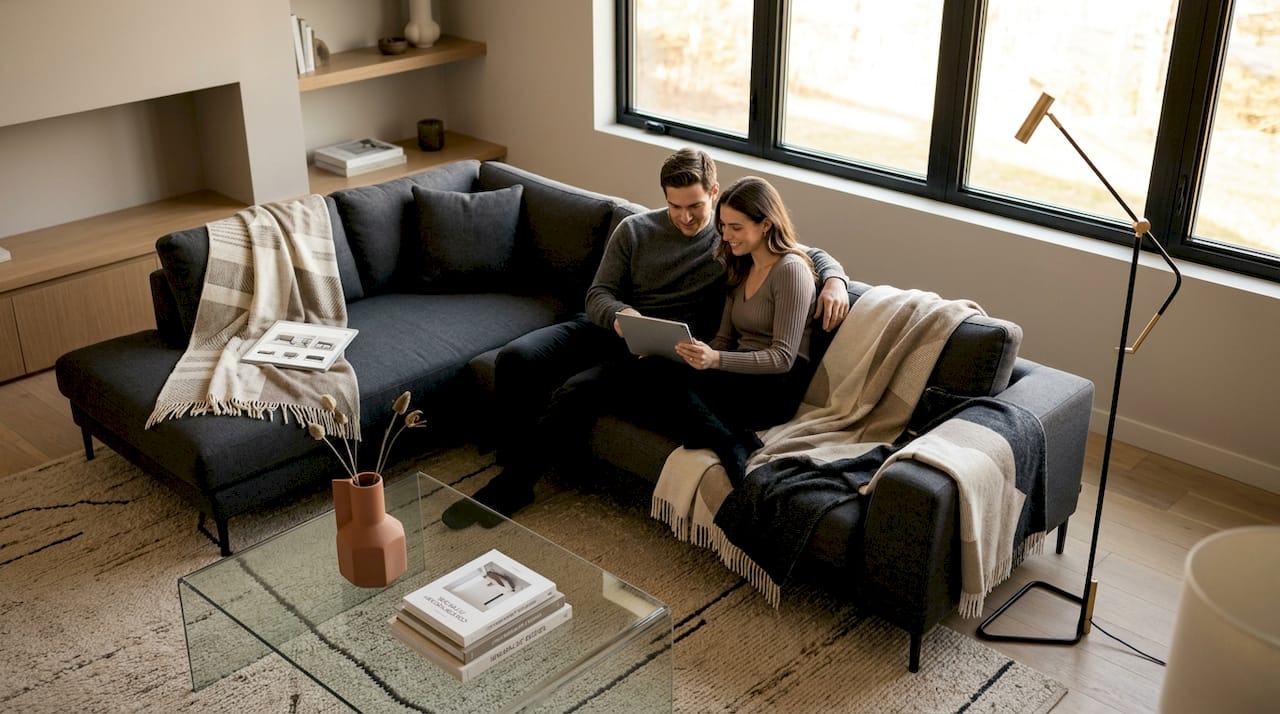 Couple viewing furniture online in cozy living room