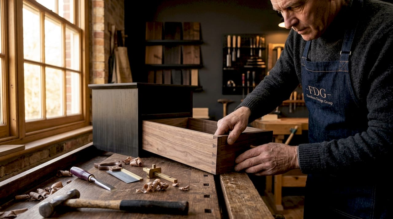 Close-up of precise dovetail joinery in drawer