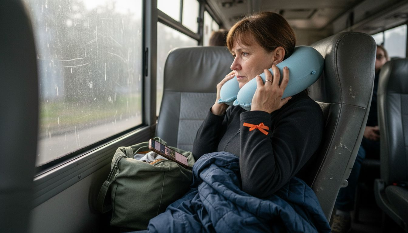 Woman adjusting neck pillow in cramped bus seat