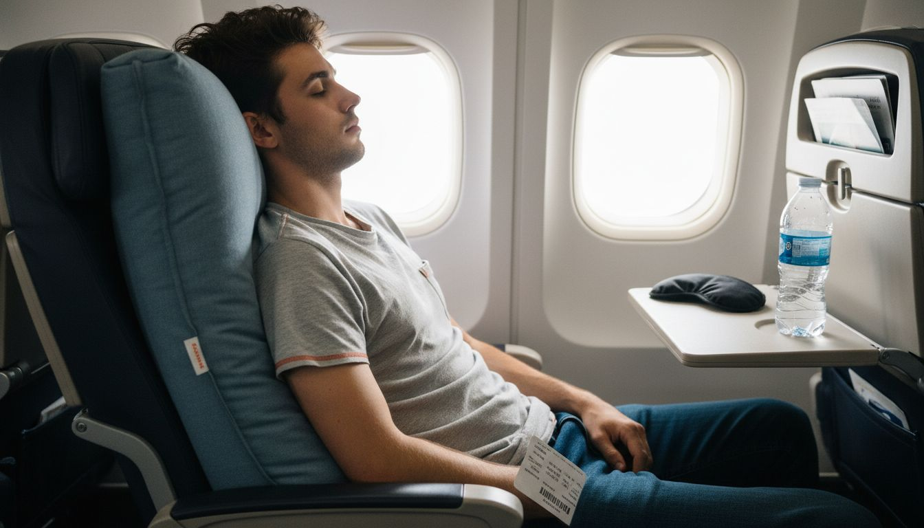 Man using pillow for diagonal support on plane
