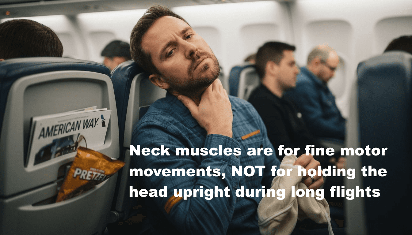 Passenger massaging neck after pillow discomfort