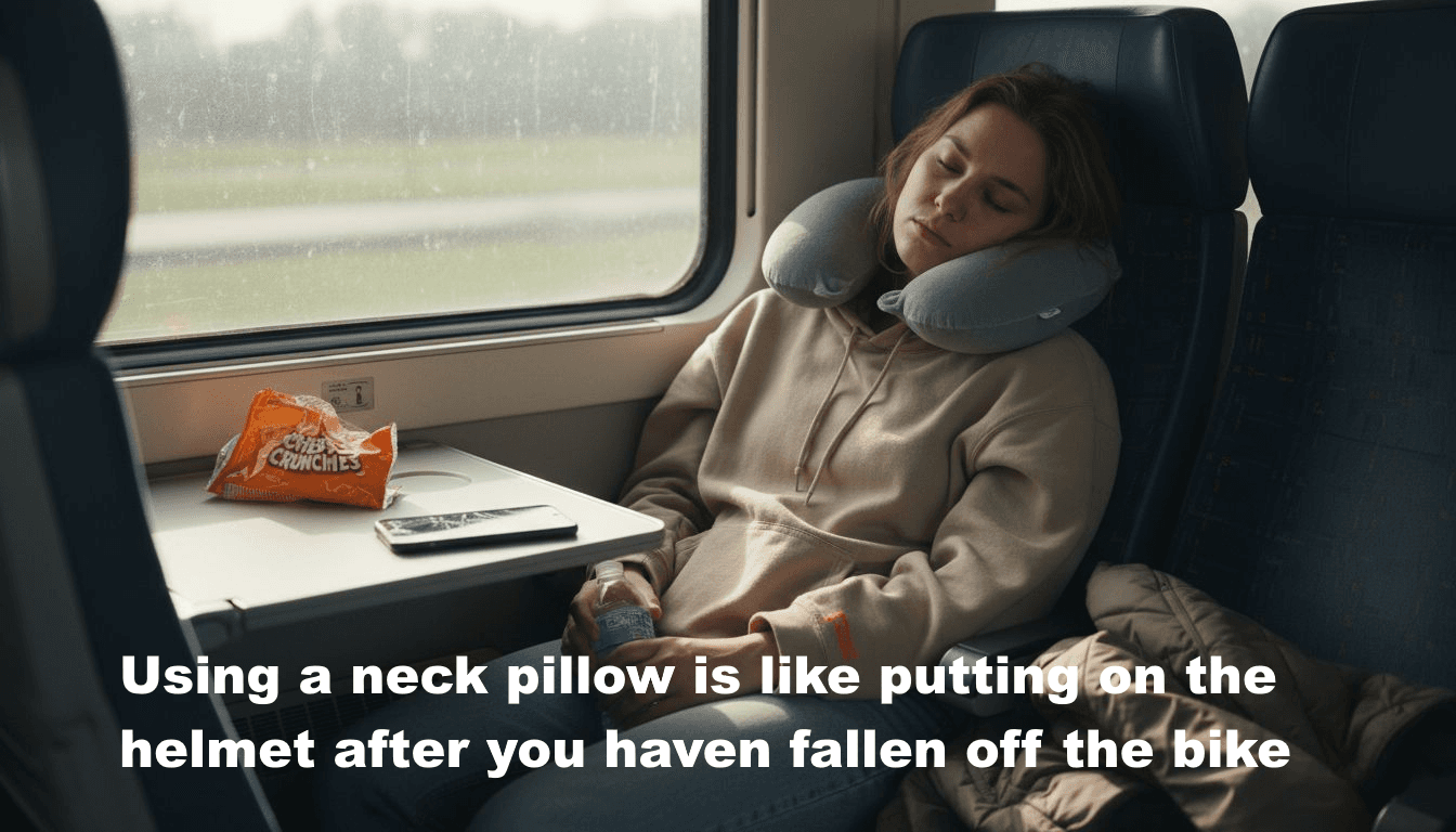Traveler with neck pillow offering poor support