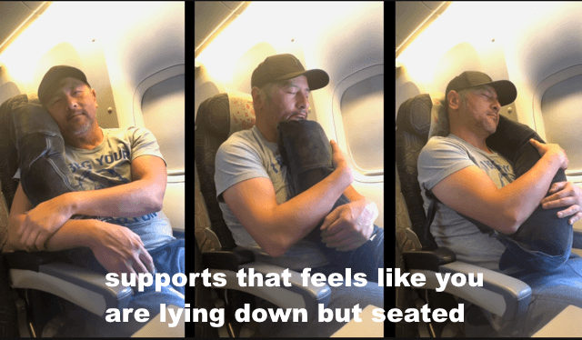 Person evaluating travel pillow comfort at home