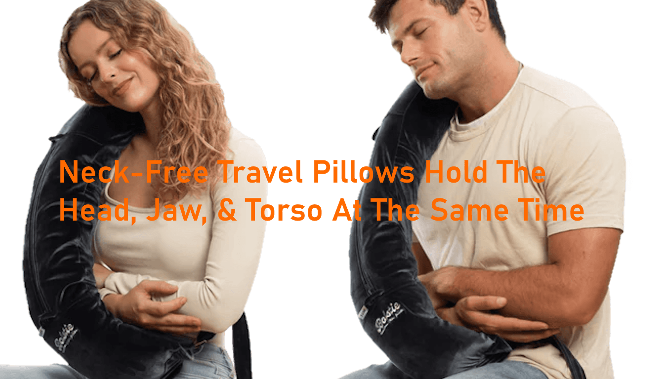 Woman supported by neck-free pillow in train