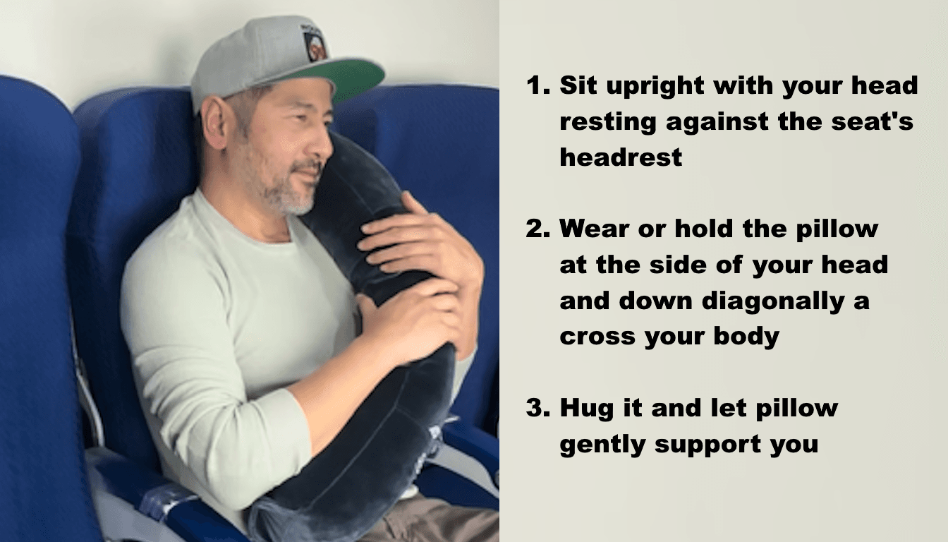 Passenger adjusting travel pillow on flight
