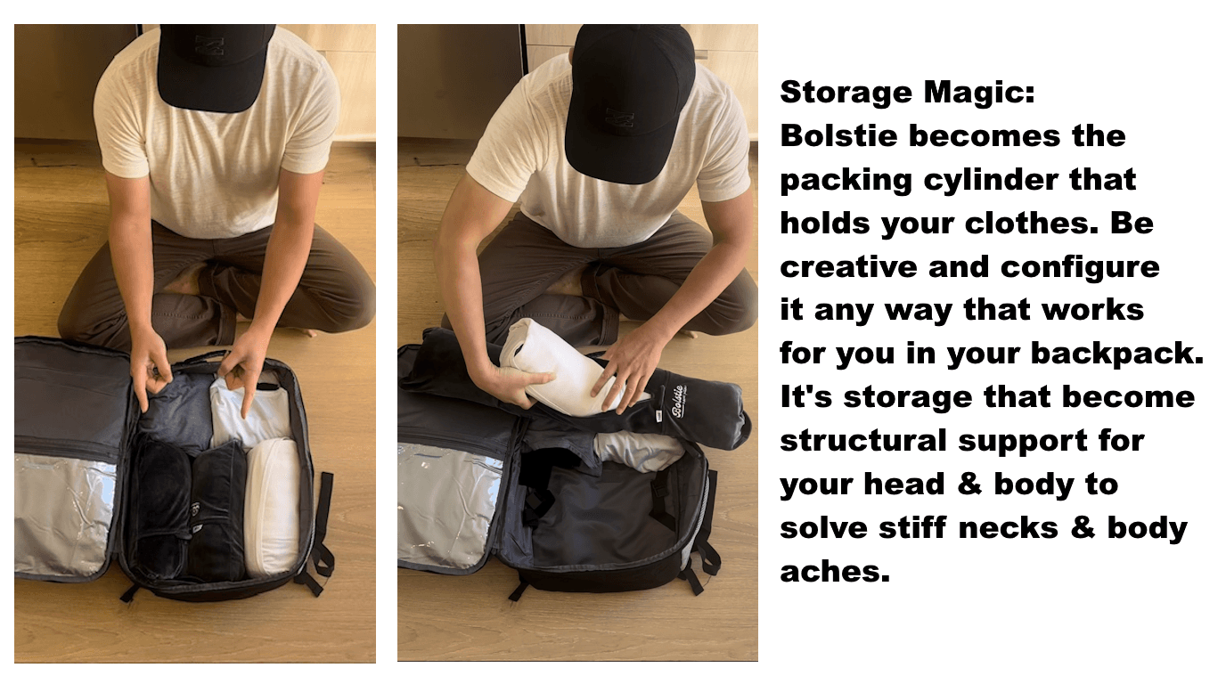 Traveler compressing pillow into suitcase