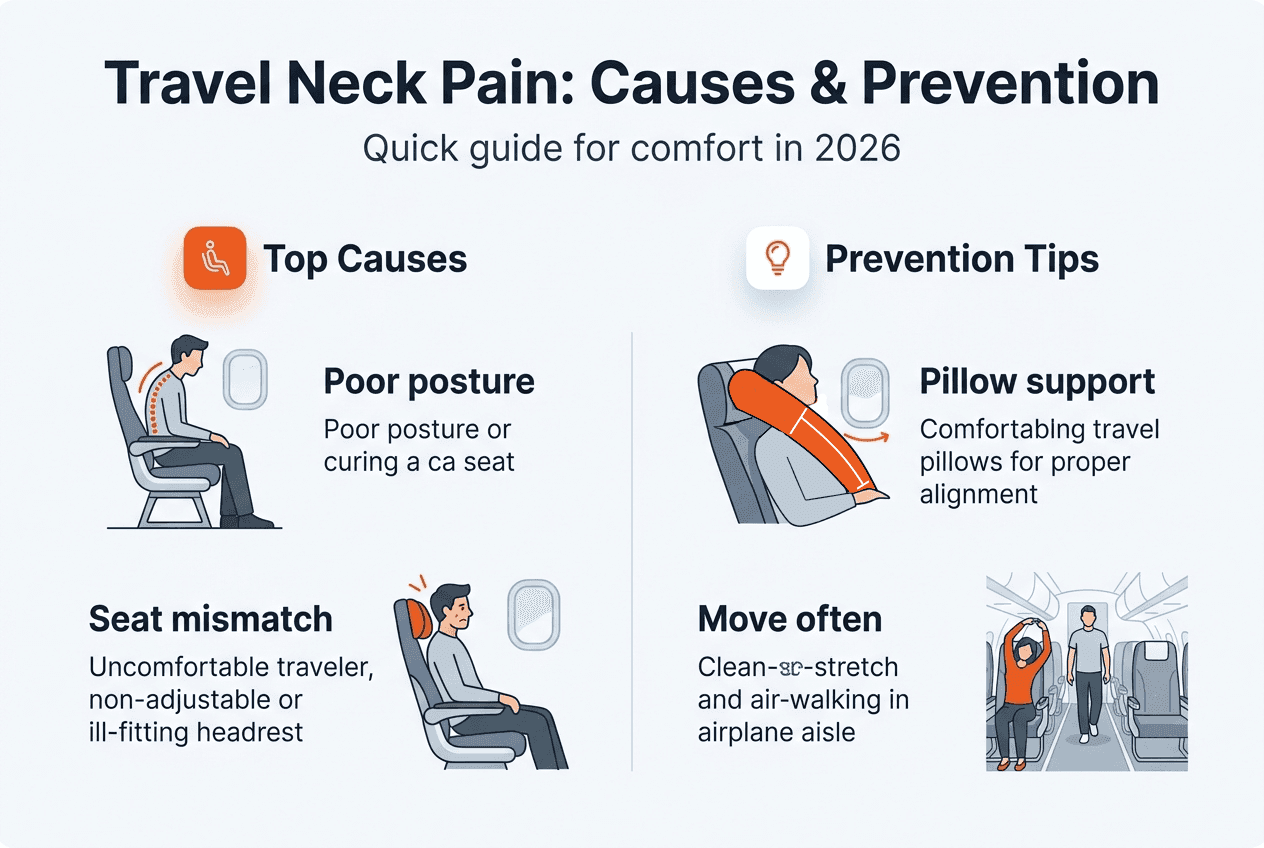 Infographic causes and prevention tips for travel neck pain